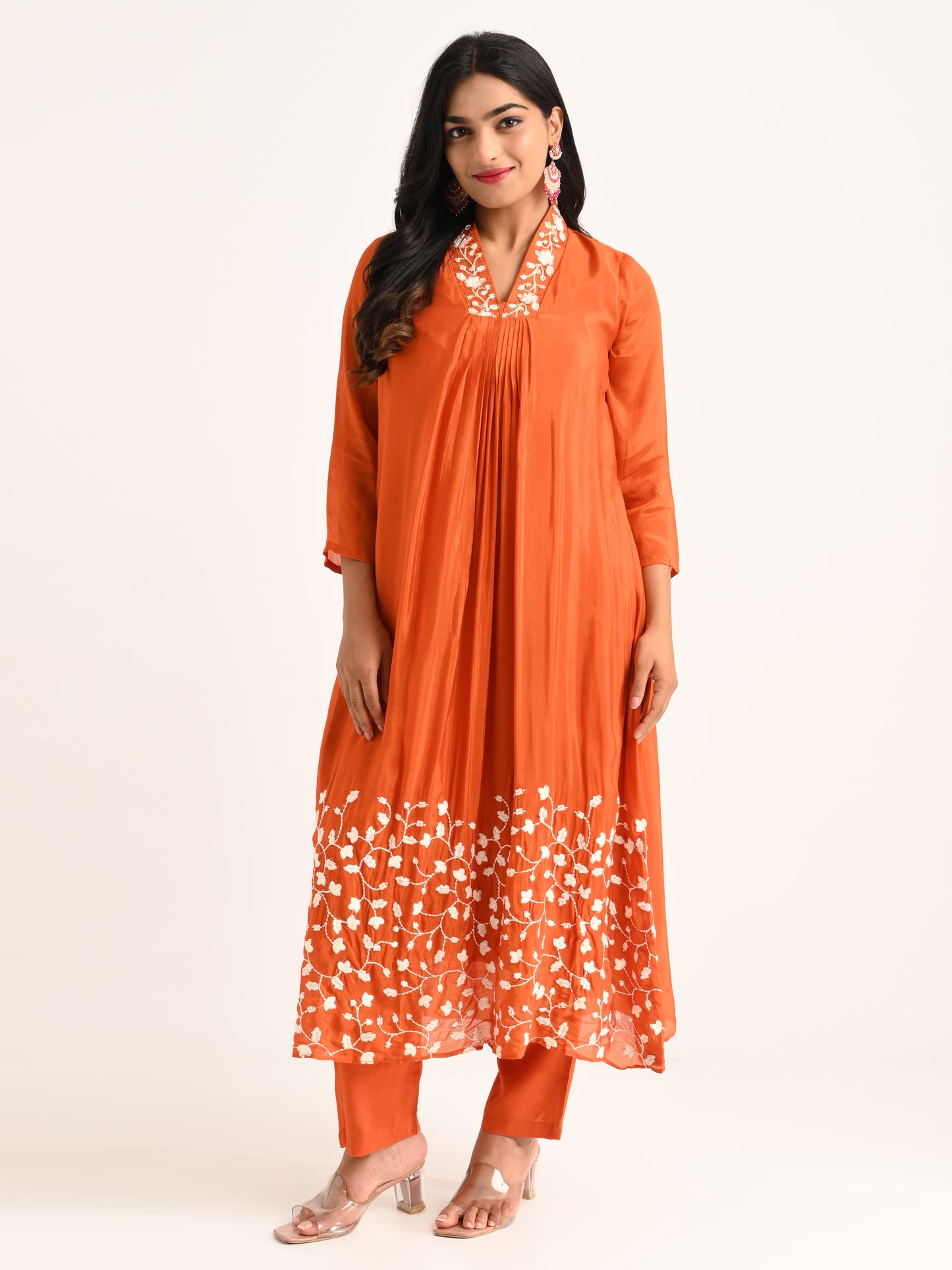 Rust Floral Yoke & Hem Kurta Set