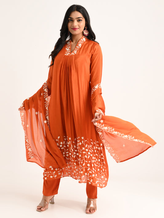 Rust Floral Yoke & Hem Kurta Set