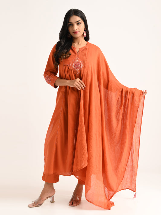 Rust Gathered Kurta Set with Dupatta