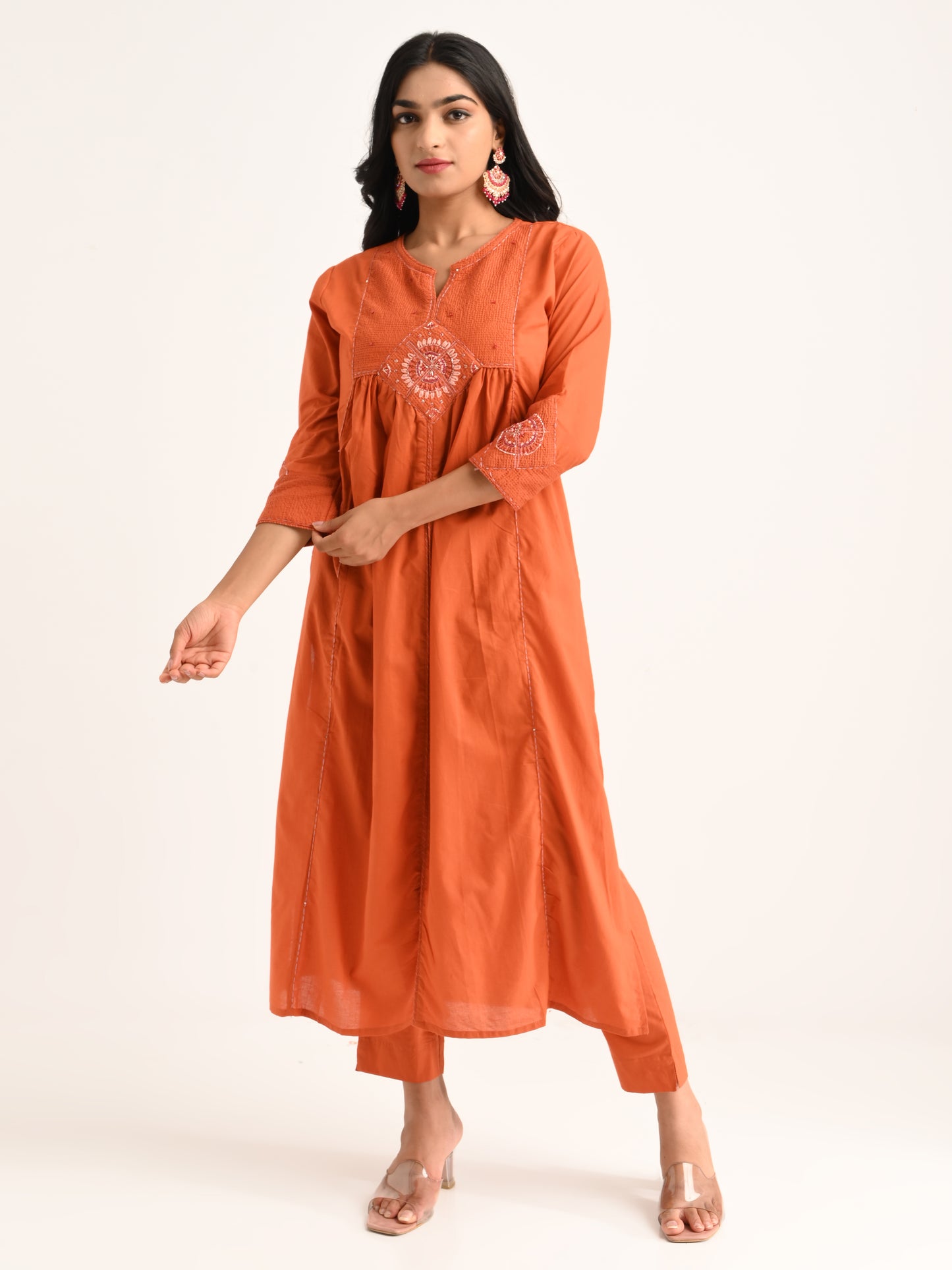 Rust Gathered Kurta Set with Dupatta