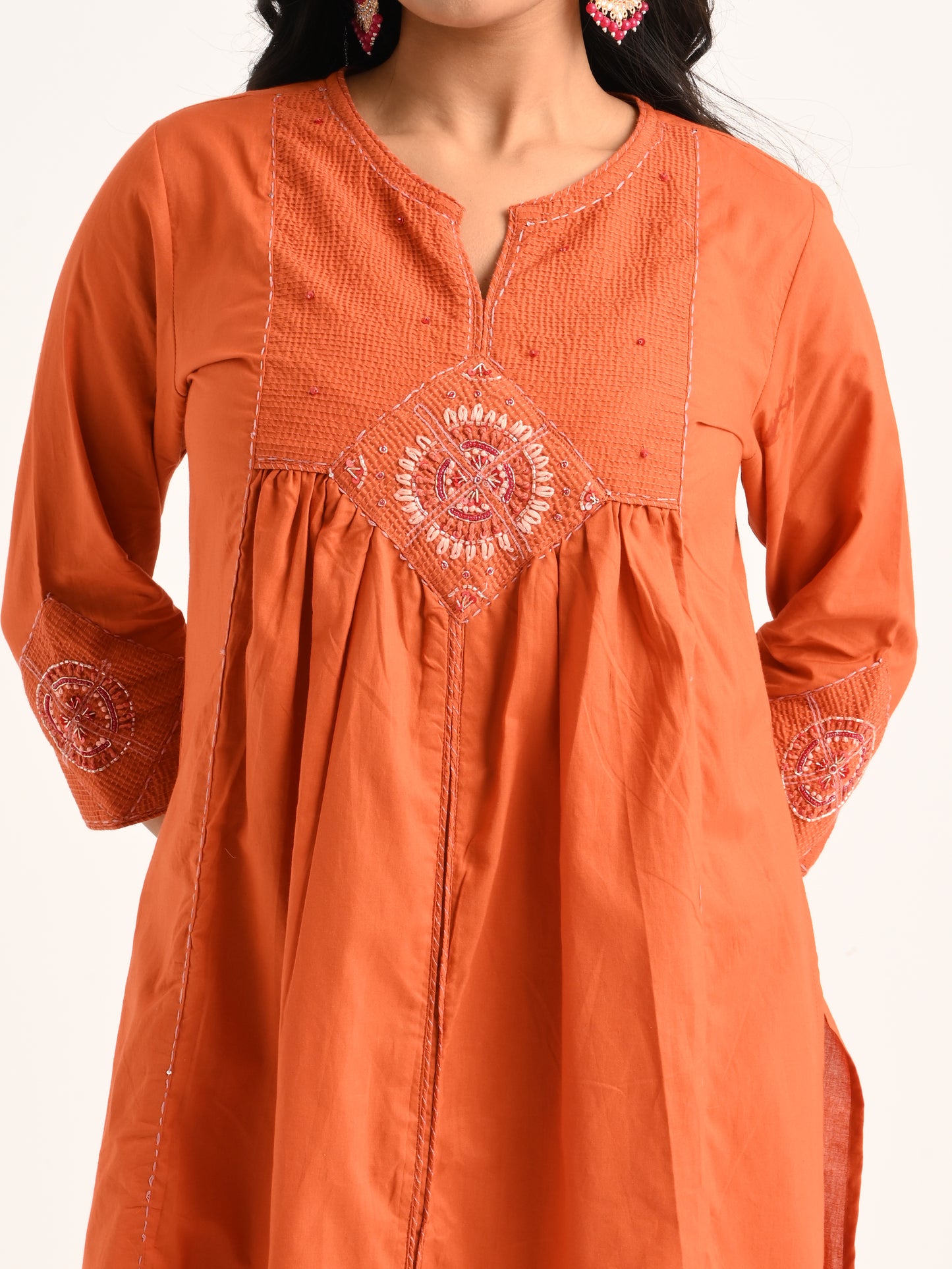 Rust Gathered Kurta Set with Dupatta