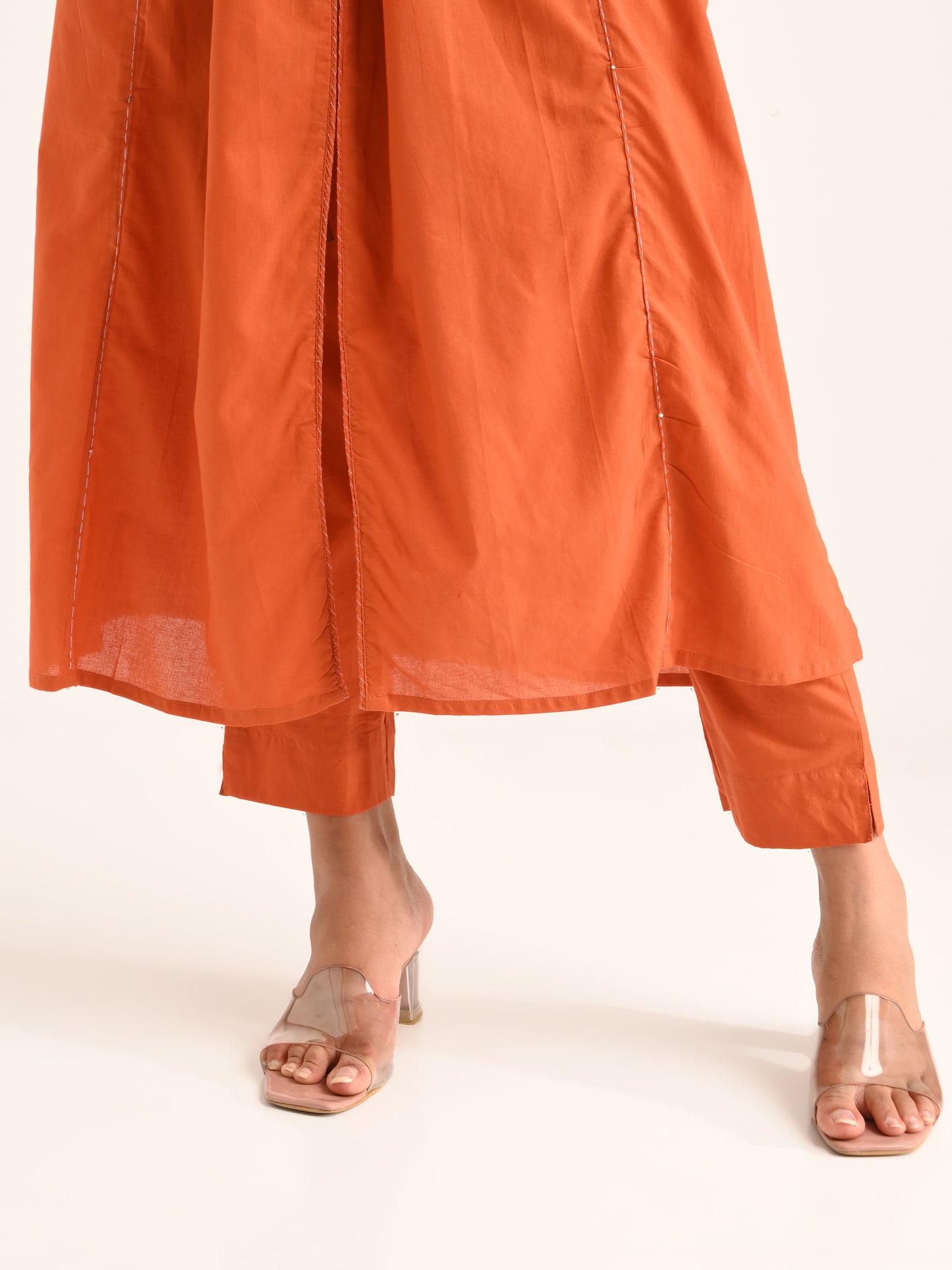 Rust Gathered Kurta Set with Dupatta