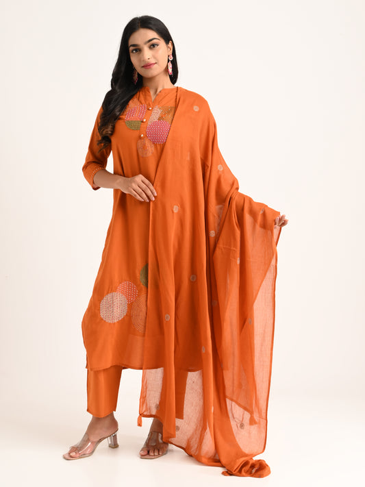 Thread Embroidered Rust Kurta Set