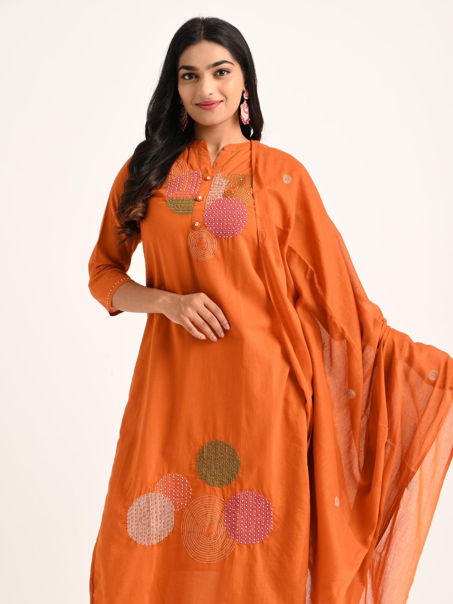 Thread Embroidered Rust Kurta Set