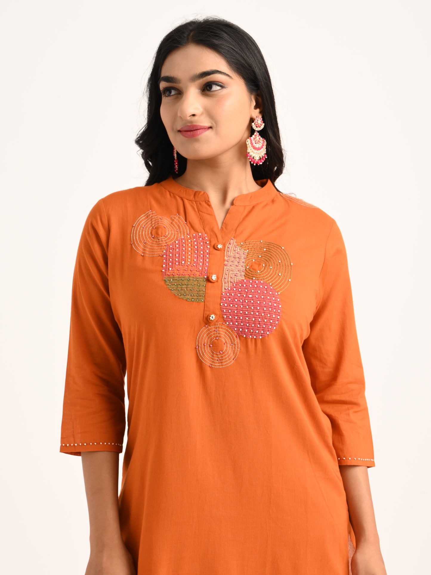 Thread Embroidered Rust Kurta Set