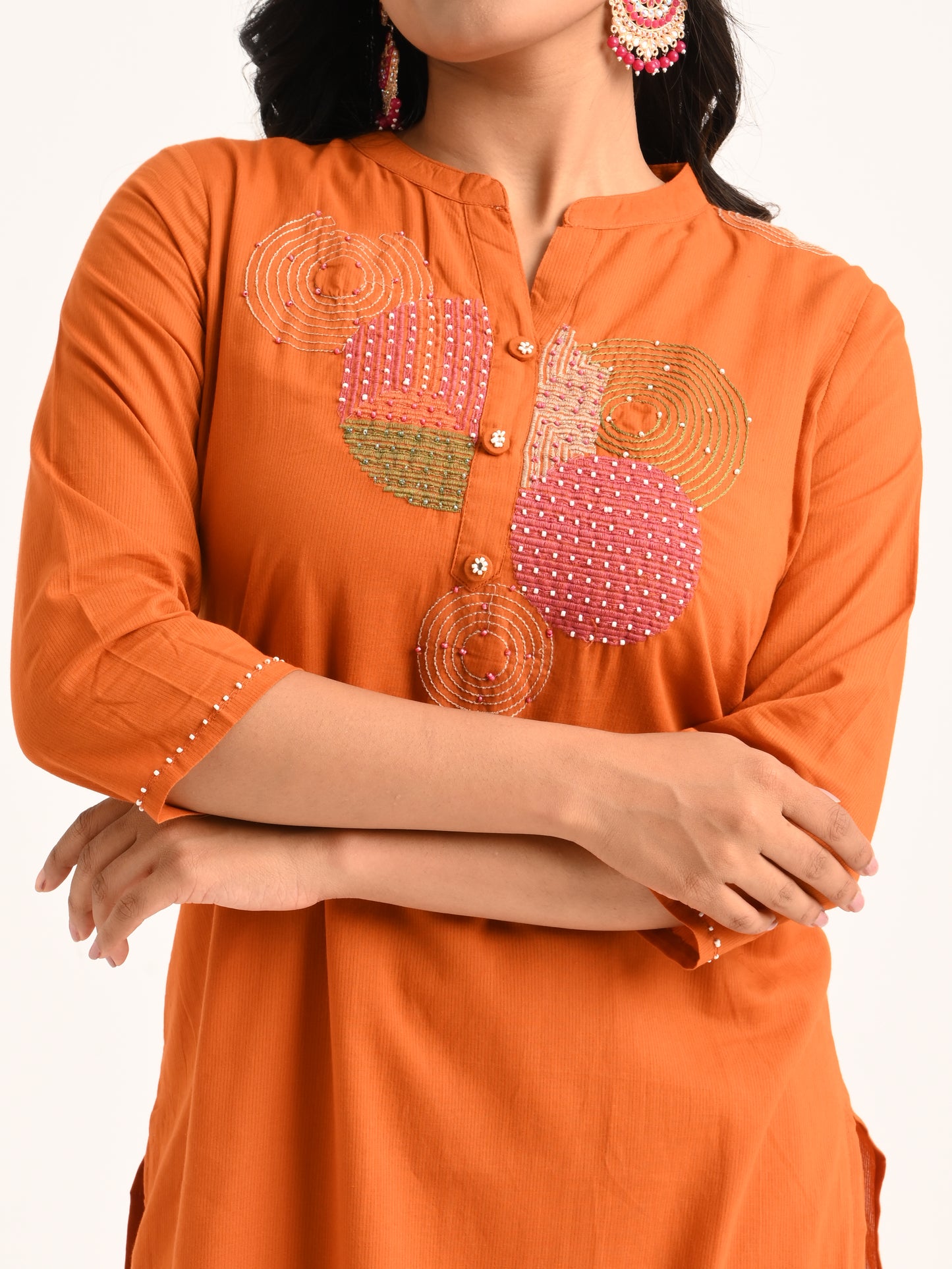 Thread Embroidered Rust Kurta Set