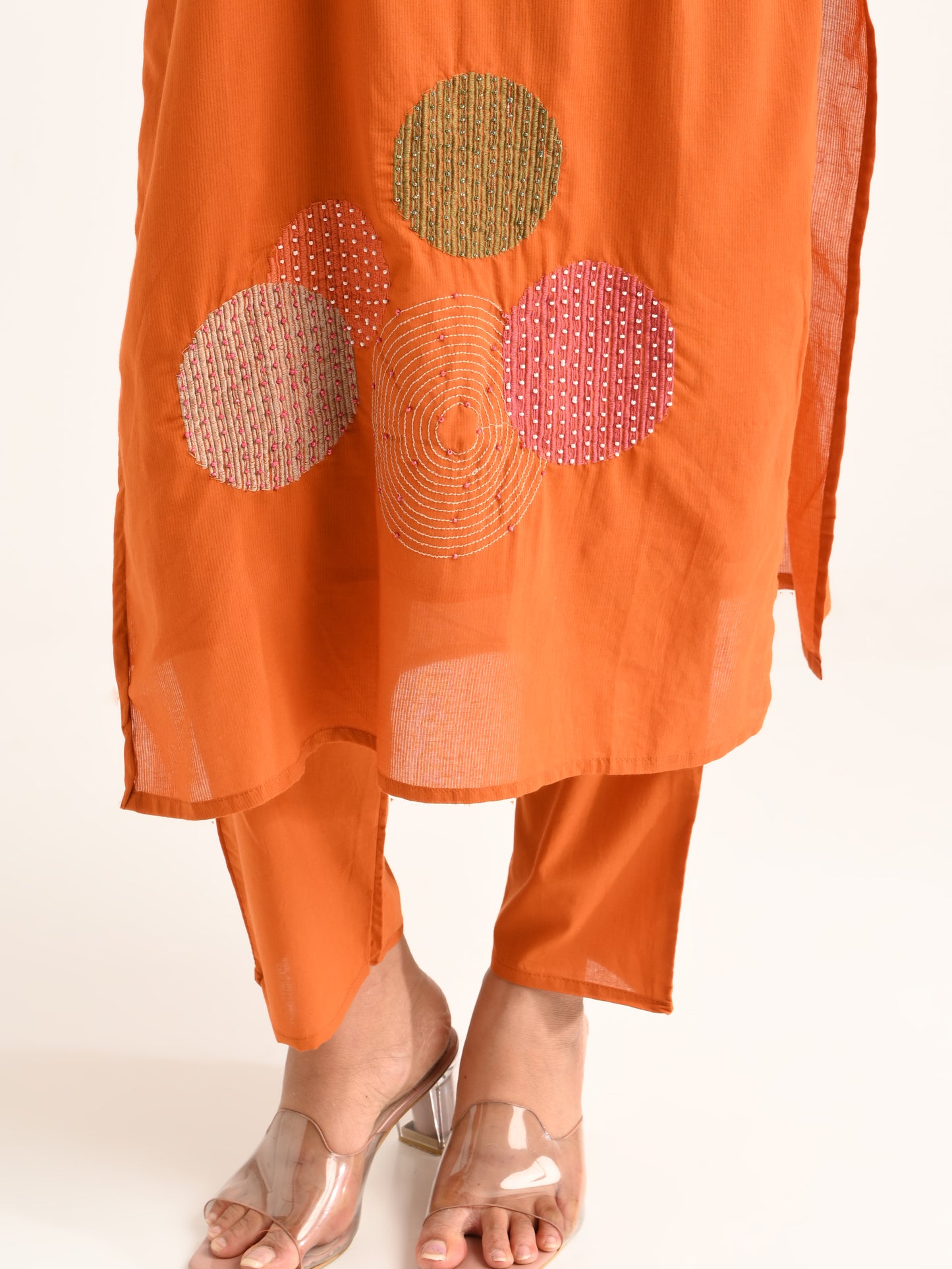 Thread Embroidered Rust Kurta Set