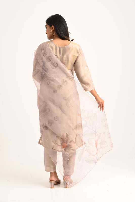 Champagne Beige Embroidered Kurta Set with Dupatta