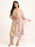 Champagne Beige Embroidered Kurta Set with Dupatta