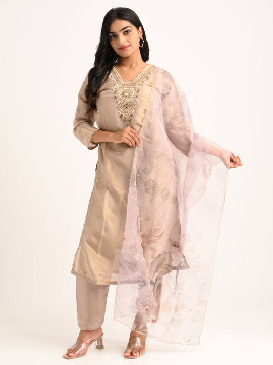 Champagne Beige Embroidered Kurta Set with Dupatta