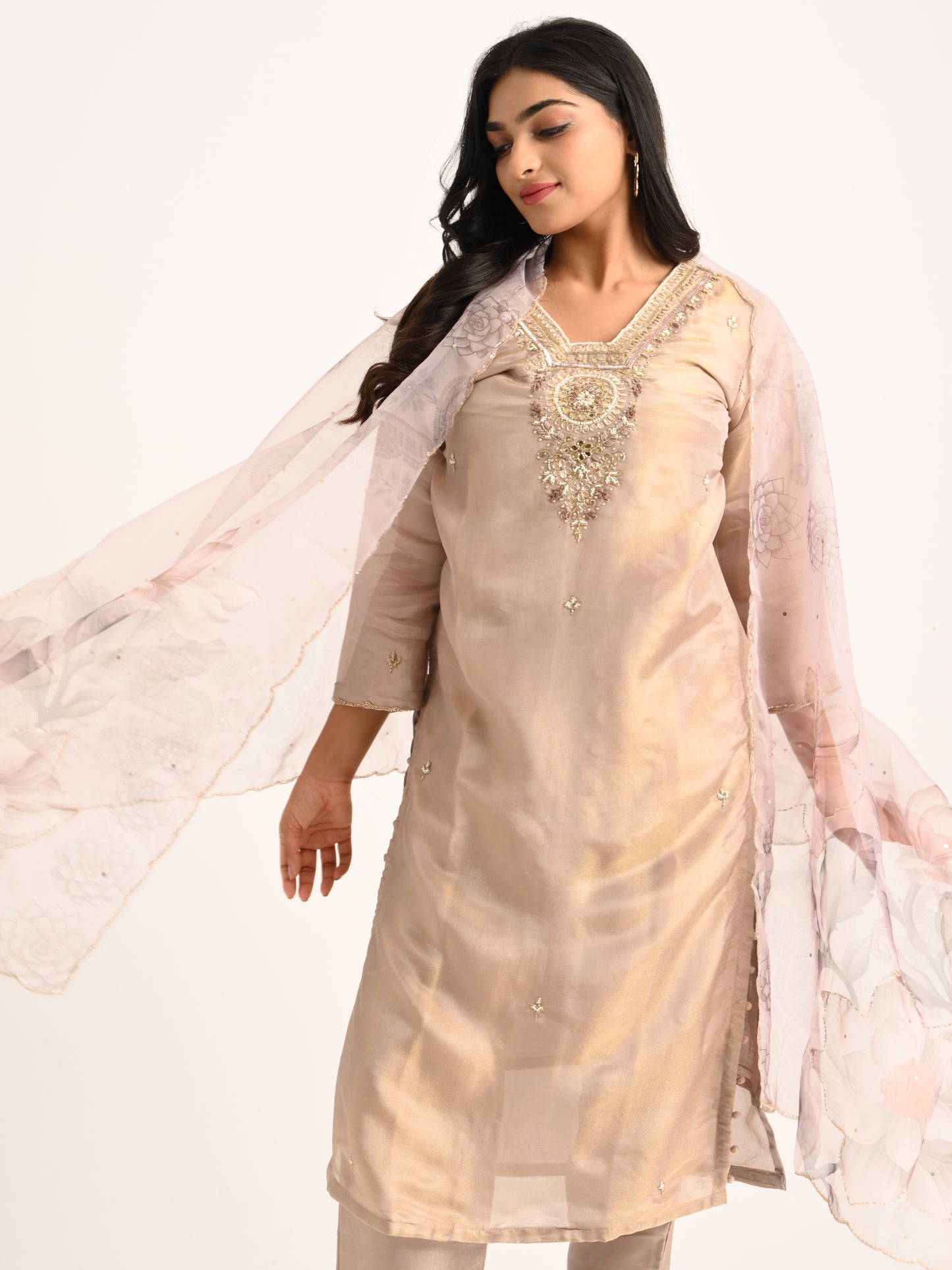 Champagne Beige Embroidered Kurta Set with Dupatta
