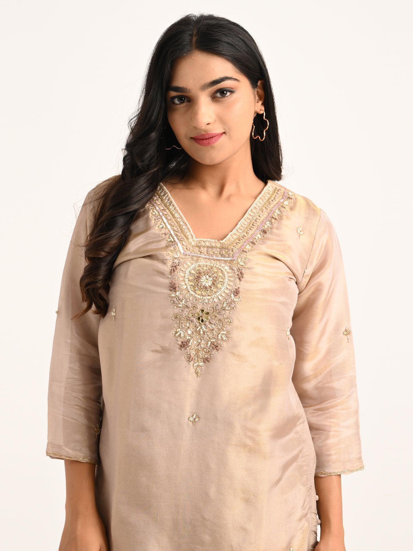 Champagne Beige Embroidered Kurta Set with Dupatta