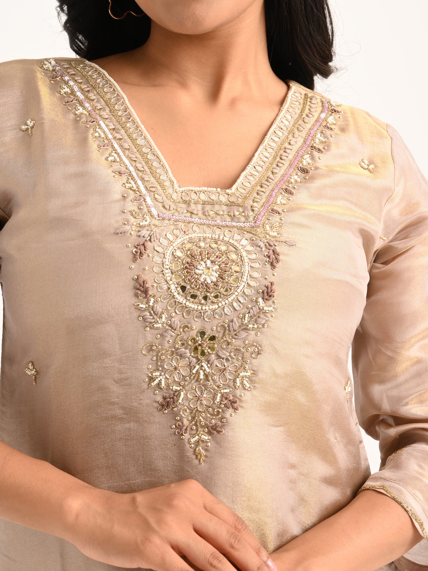 Champagne Beige Embroidered Kurta Set with Dupatta