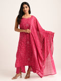 Rani Pink Sleeveless Printed Kurta Set with Dupatta