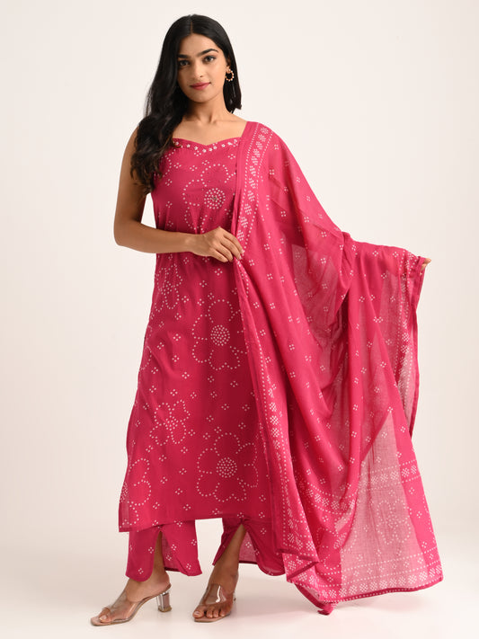 Rani Pink Sleeveless Printed Kurta Set with Dupatta