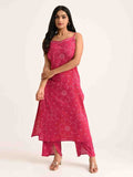 Rani Pink Sleeveless Printed Kurta Set with Dupatta
