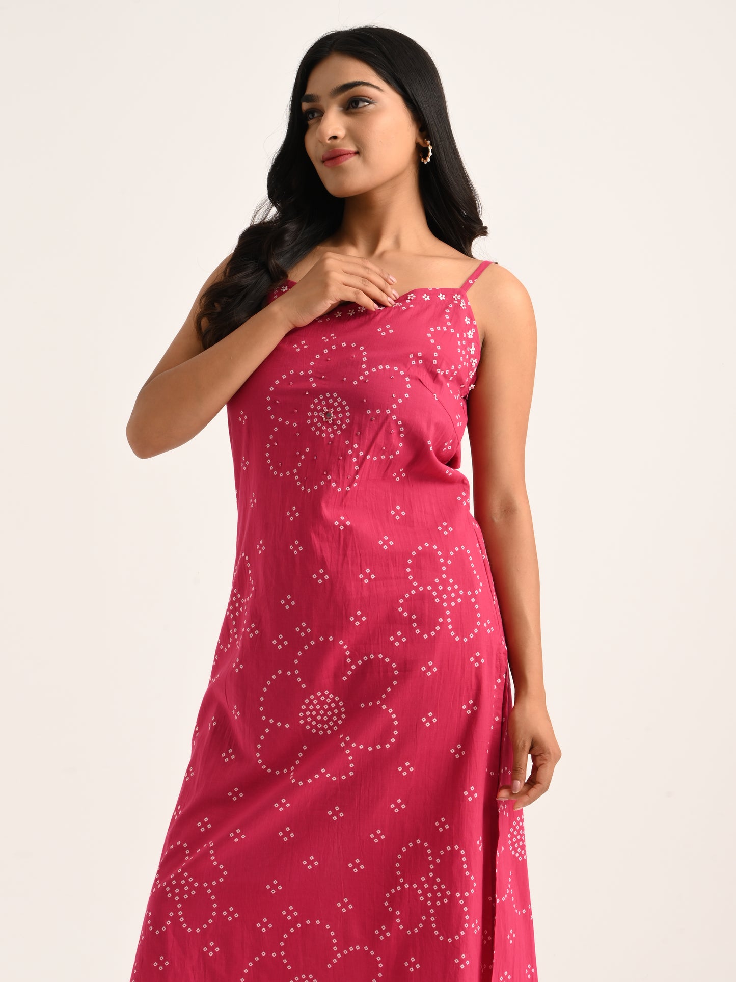 Rani Pink Sleeveless Printed Kurta Set with Dupatta