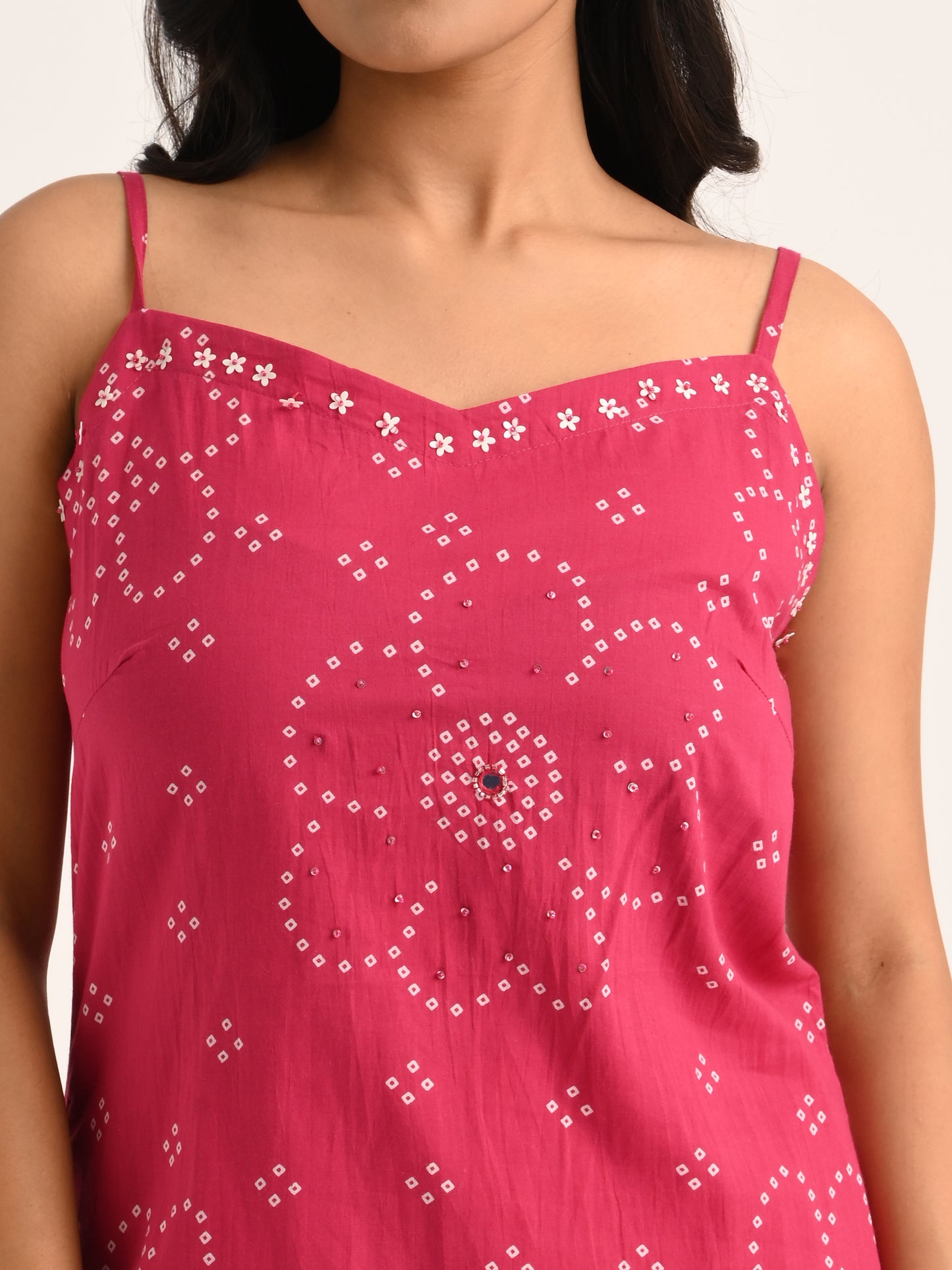 Rani Pink Sleeveless Printed Kurta Set with Dupatta