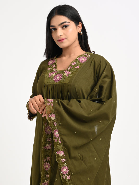 Embroidered Muslin Kurta Set with Dupatta