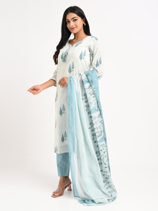 Seafoam Printed Cotton Suit Set with Dupatta
