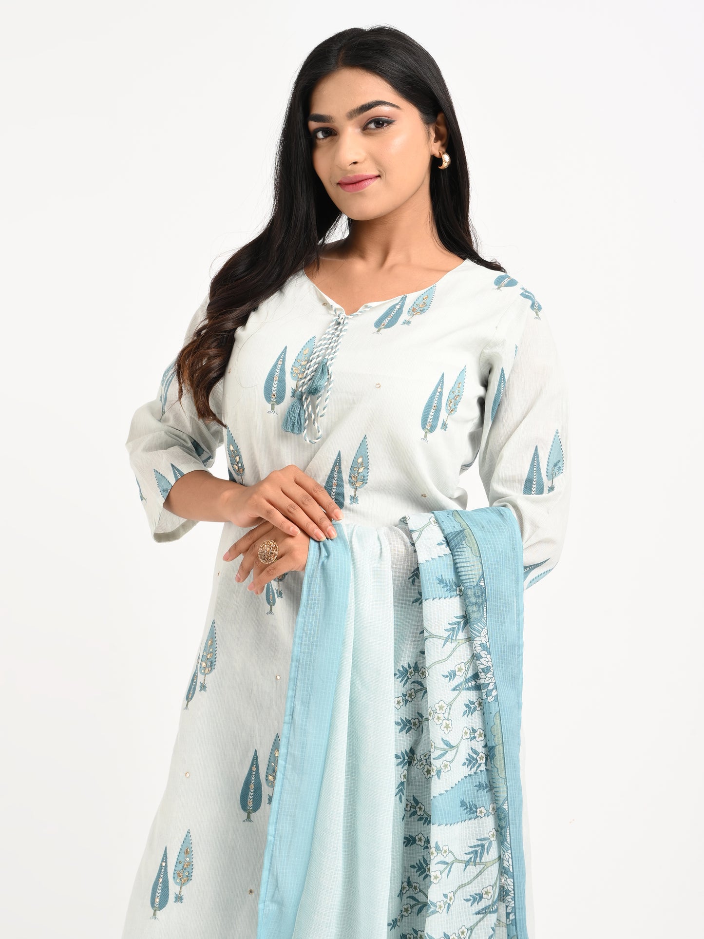 Seafoam Printed Cotton Suit Set with Dupatta