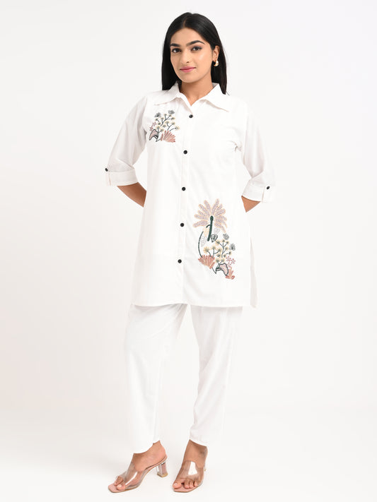 White Embroidered Shirt Co-ord Set