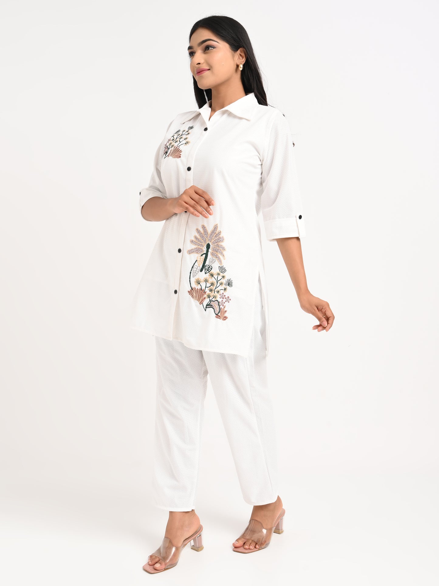 White Embroidered Shirt Co-ord Set