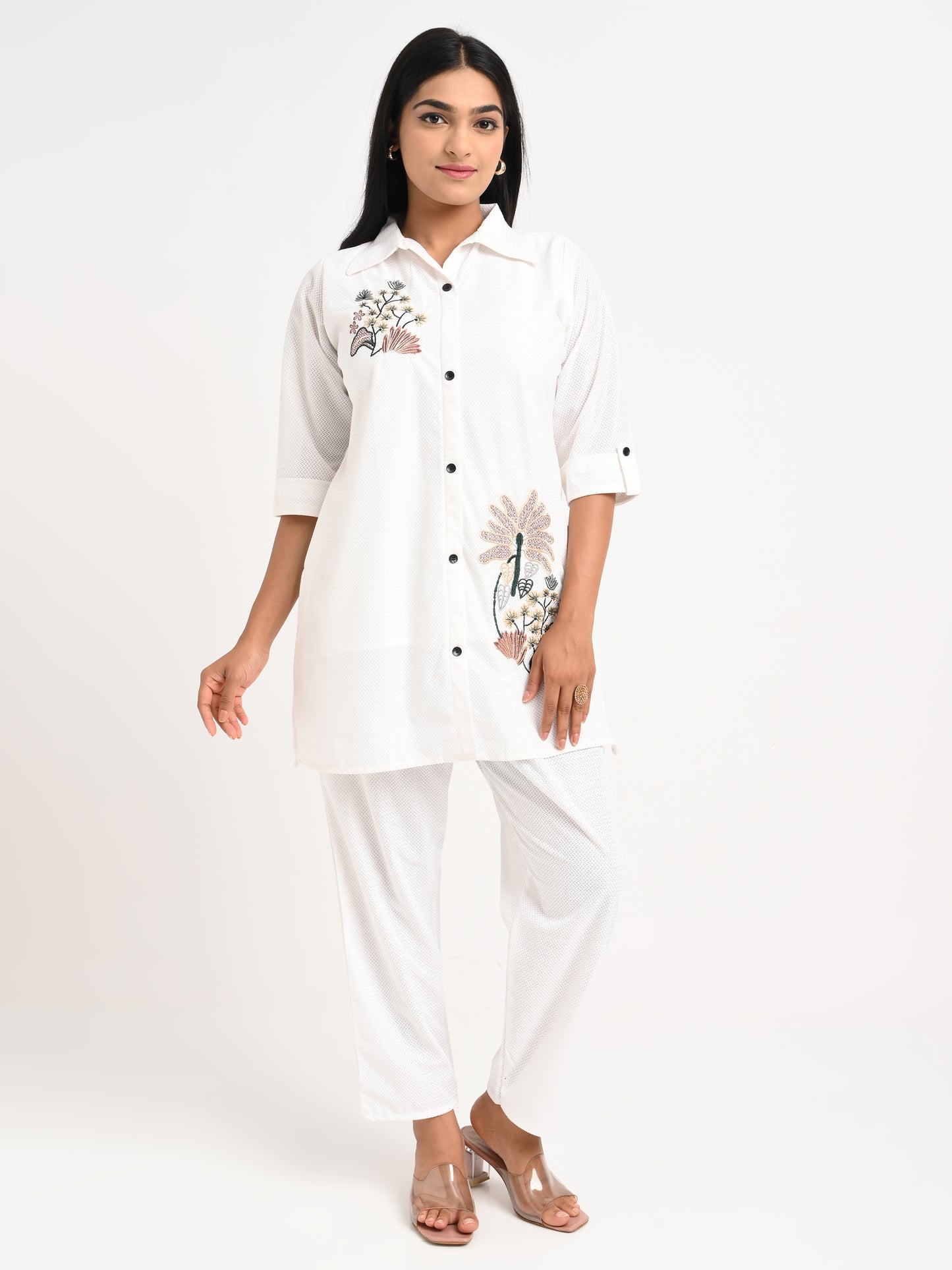 White Embroidered Shirt Co-ord Set