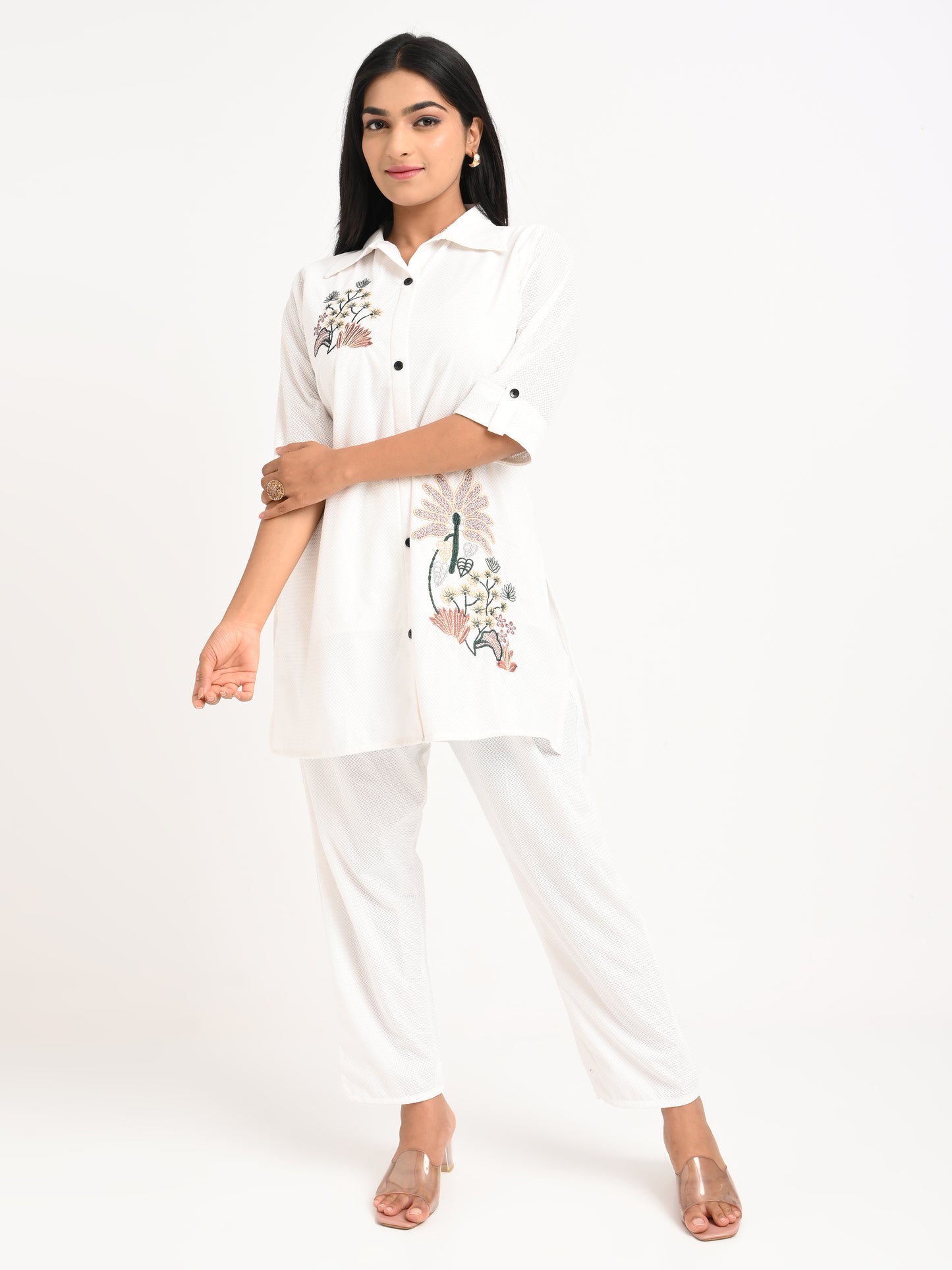 White Embroidered Shirt Co-ord Set