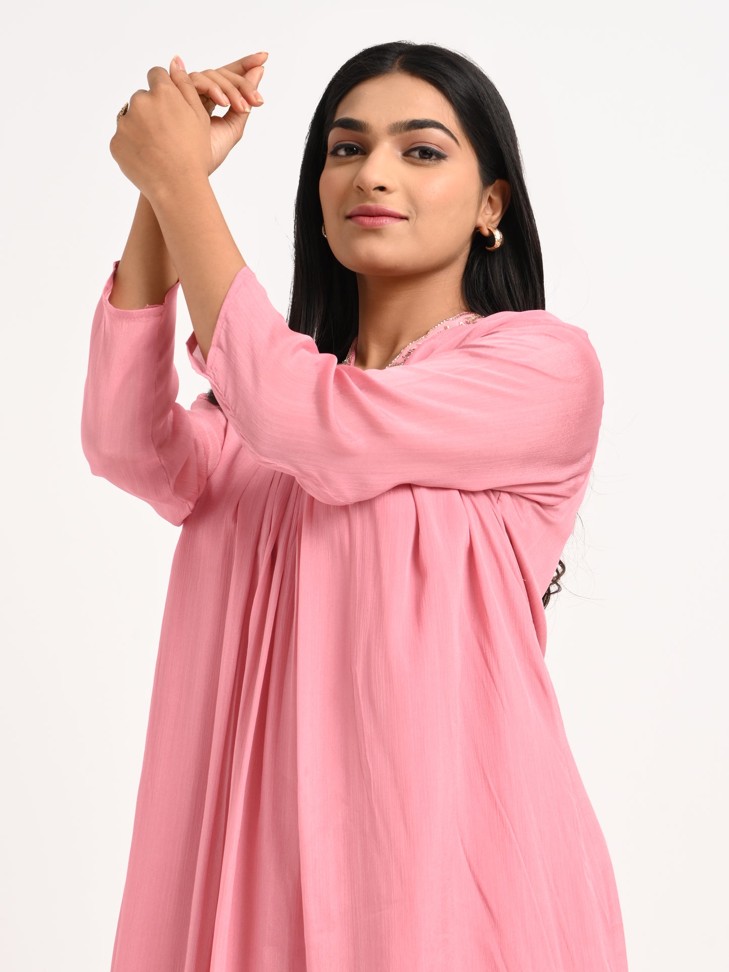Rose Pink Pleated Kurta Set with Dupatta