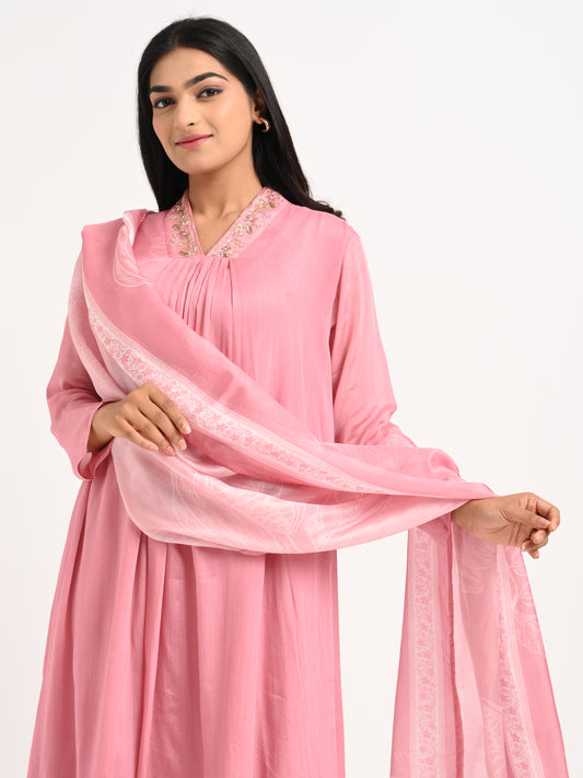 Rose Pink Pleated Kurta Set with Dupatta