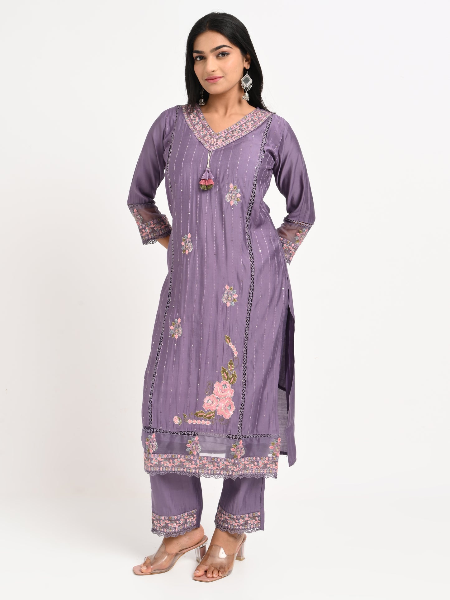 Lavender Embroidered Kurta Set with Dupatta