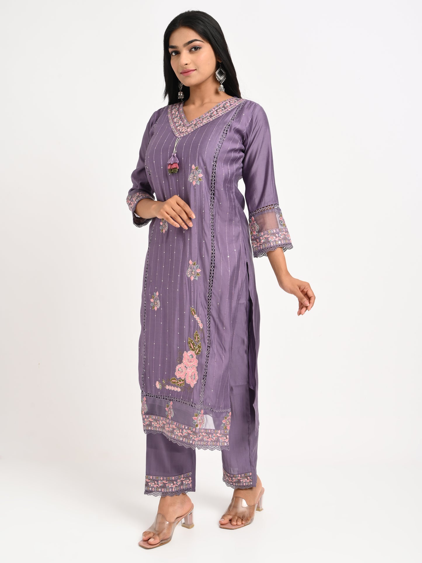 Lavender Embroidered Kurta Set with Dupatta