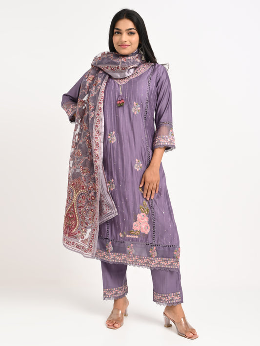 Lavender Embroidered Kurta Set with Dupatta