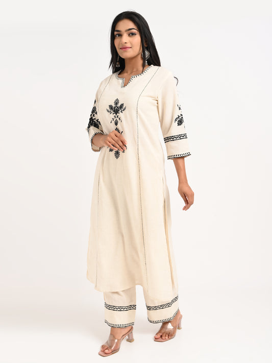 Embroidered Cream Kurta Set