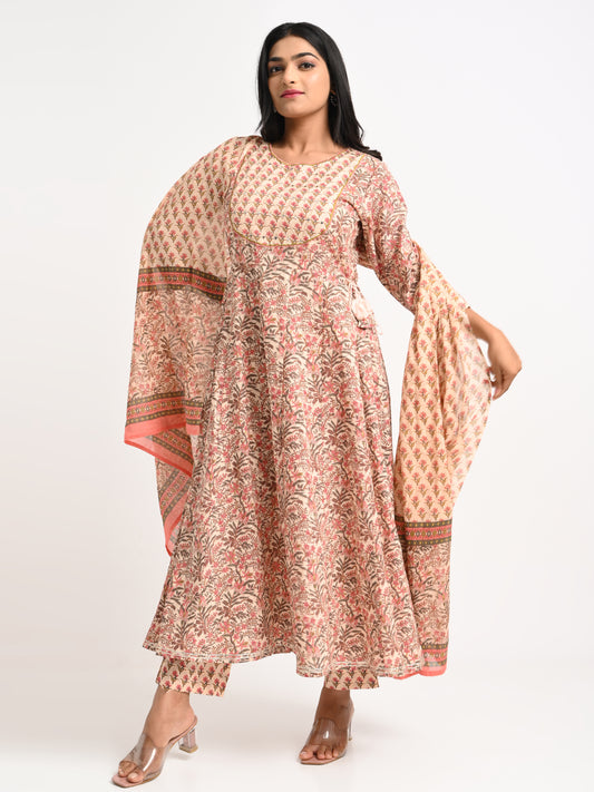 Printed Cotton Anarkali Kurta Set with Dupatta