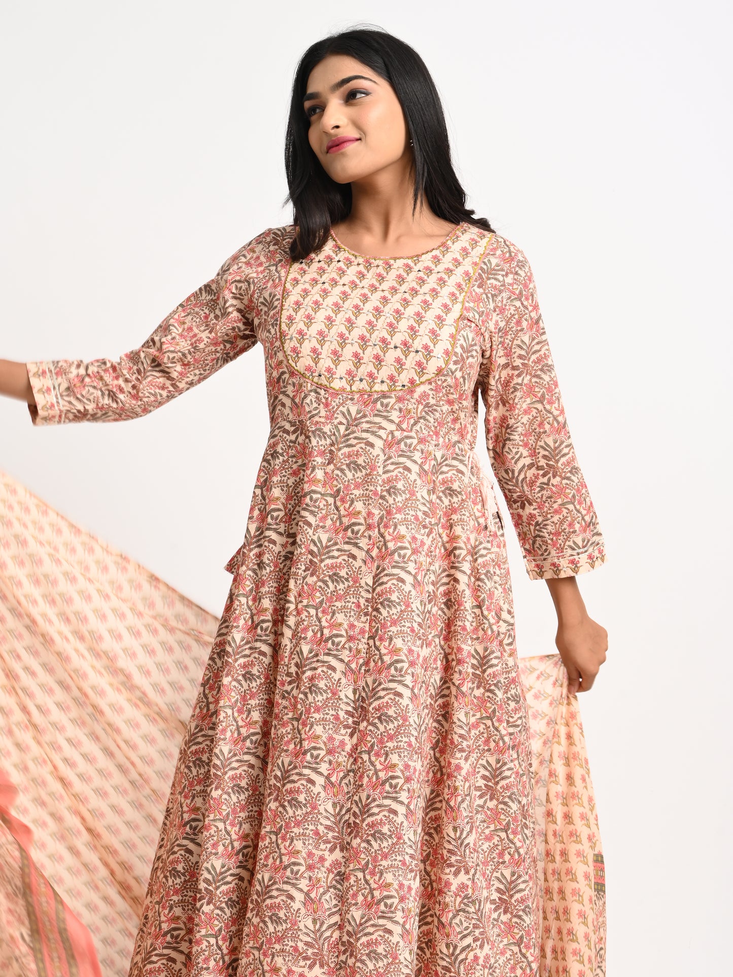 Printed Cotton Anarkali Kurta Set with Dupatta