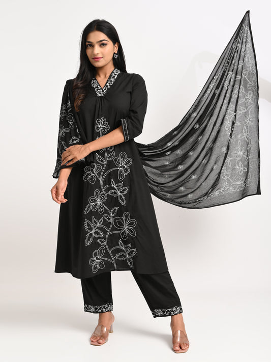 Embroidered Black Kurta Set with Dupatta